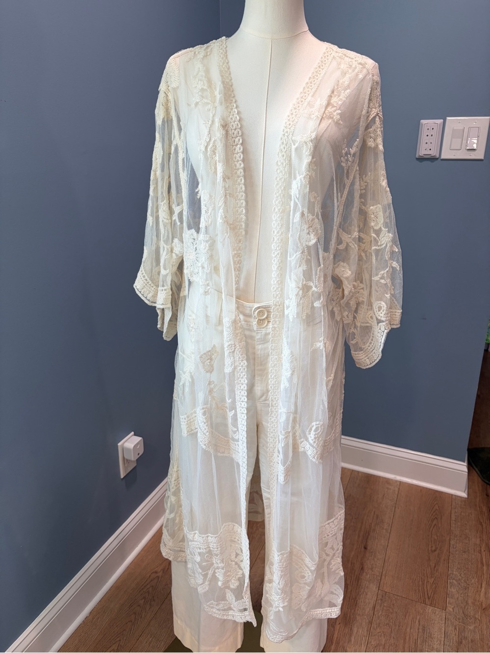 Anna-Kaci Ivory Floral Embroidered Lace Mesh Duster Kimono Boho Cardigan